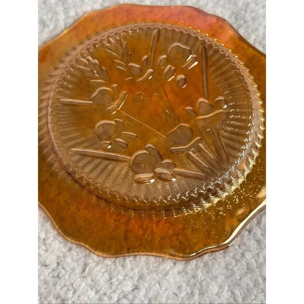 Vintage Jeanette Glass Marigold Iridescent Iris & Herringbone Carnival Glass Des